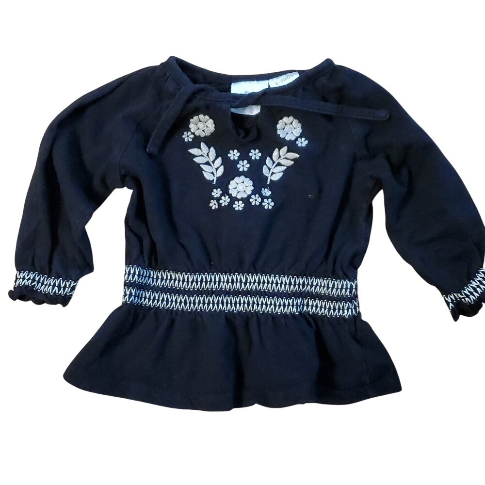 Koala Kids Girls Black Embroidered Boho Long Sleeve Shirt Size 6-9M